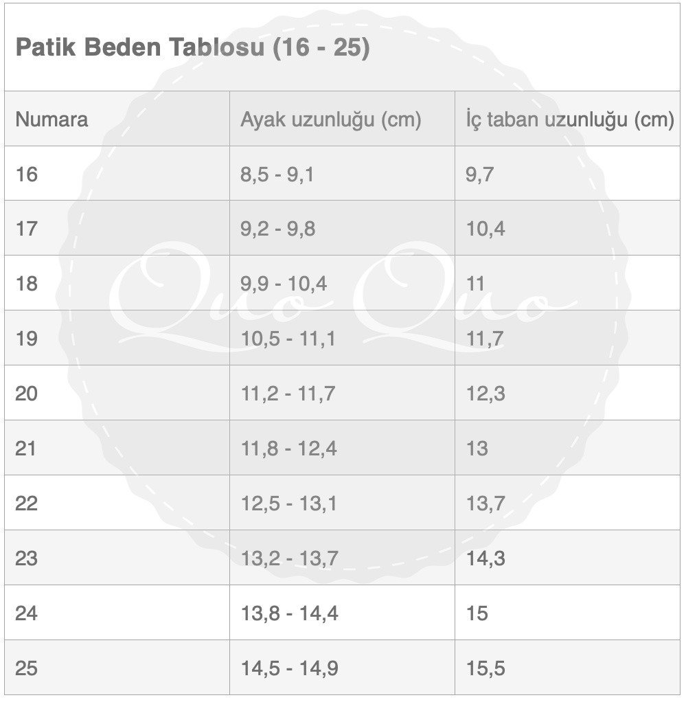 Patik Beden Tablosu