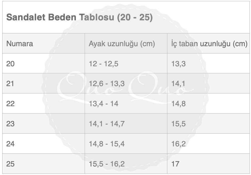 Sandalet Beden Tablosu